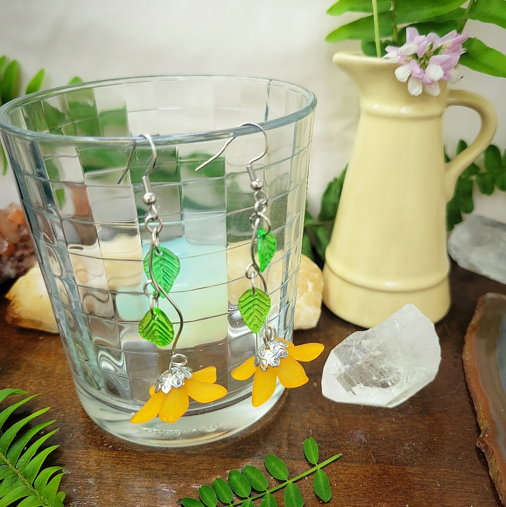 Orange & Green Leafed Flower Fairy & Cottage Core Earrings